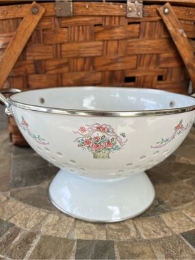 Vintage White Floral Enamel Colander with Silver Trim